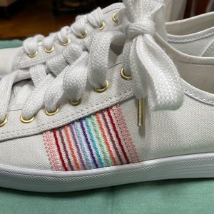 Keds, size 8.5 White canvas w embroidered rainbow stripe